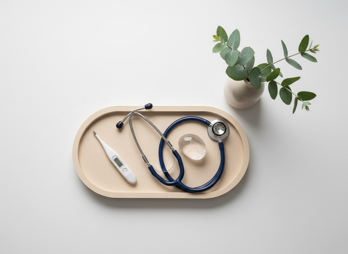 A refined arrangement of clinical nurse tools—a digital thermometer, stethoscope with navy silicone tubing, and a smooth glass reiki crystal, all organized on a sleek, sand-colored tray. The tray is set upon an uncluttered, matte white workspace bordered by a small vase of eucalyptus. Even, studio-quality illumination brings out subtle textures and reflections, with soft shadows lending depth. The overall impression is one of meticulous professionalism and holistic integration, balancing medical precision with natural elements. Composed from a straight-on perspective with an asymmetrical yet structured layout, the style is photographic and corporate, firmly aligning with the nurse-led, integrative identity of the site.