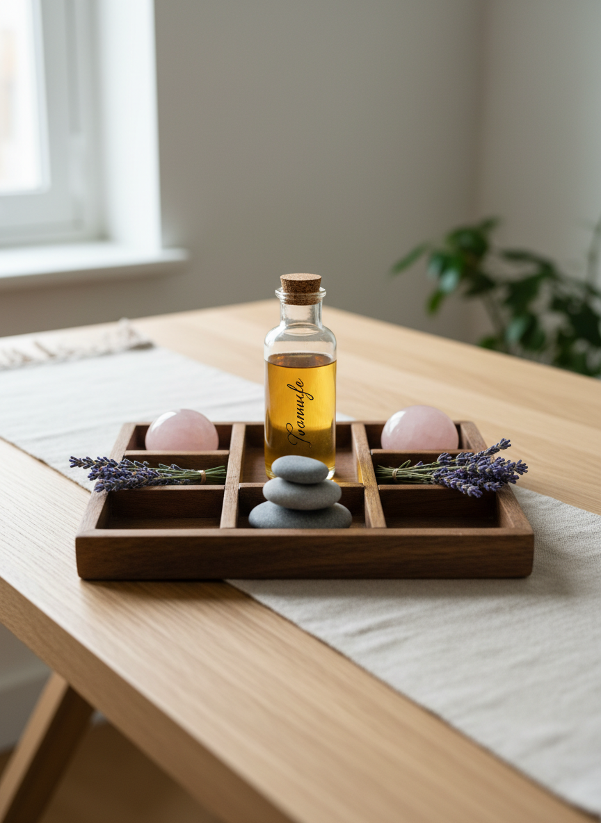 A meticulously organized wooden apothecary tray filled with natural wellness objects—a glass bottle of golden herbal tincture, polished rose quartz stone, sprigs of fresh lavender, and a stack of smooth river stones—arranged in perfect symmetry. The tray rests on a pale, uncluttered oak desk with a minimal linen runner. Diffused natural daylight gently floods the scene, creating soft shadows and subtle highlights across each object. The overall atmosphere is calm and restorative, evoking a sense of professional care and trust. The camera is positioned at an eye-level, straight-on composition with sharp focus and a shallow bokeh background. The image embraces photographic realism with a clean, modern, and structured style, perfectly aligning with holistic nursing and the site’s restorative ethos.