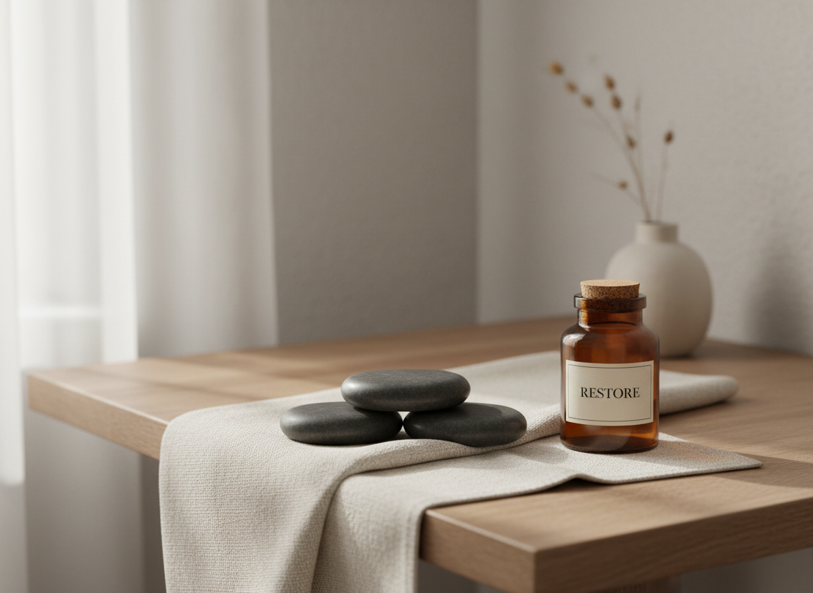 A set of three polished basalt massage stones arranged in a gentle arc atop a creamy linen cloth, accompanied by a small, amber apothecary jar with a simple label reading 'Restore.' The stones and jar are placed on a natural wood bedside table, situated in a bright, airy corner with tastefully muted decor. Soft overhead lighting combines with ambient daylight, casting seamless, balanced shadows and nuanced reflections. The scene’s atmosphere is one of restorative calm, inviting a sense of groundedness and professional care. Captured with a centered, slightly elevated camera angle, the image offers clean lines and sharp focus throughout, with a modern, neutral-toned photographic approach.